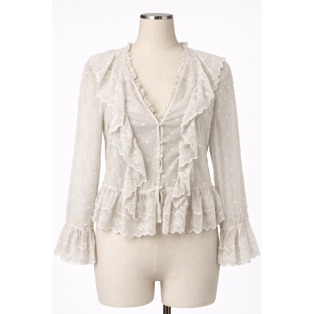 H&M Blouse Ivory White Sheer Embroidered Ruffle Romantic Victorian 4